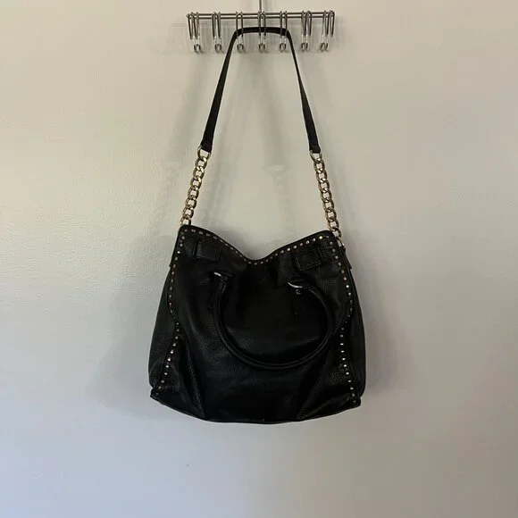 Michael Kors Black Leather Studded Shoulder Bag With Chain Detailing & Gold-Tone - Picture 2 of 7